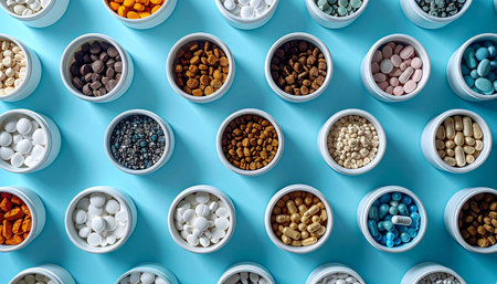 A meticulously organized top-down view of various pills, vitamins, and supplements in individual white cups. This image represents concepts of personalized medicine, daily health regimens, and the complexity of modern nutritional science, set against a clean blue background.の素材