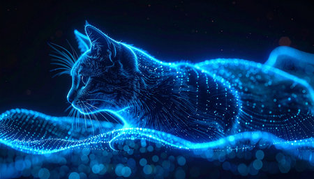 A digital feline rests peacefully, its form a constellation of glowing blue particles. This image represents concepts of virtual reality, artificial intelligence, and the serene beauty of digital life, perfect for themes of technology, data, and future innovation.の素材