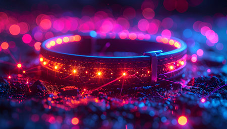 In a neon-drenched cityscape of the future, a smart wearable device glows with vibrant energy. This illuminated collar, a fusion of fashion and advanced technology, rests on a complex surface, symbolizing the seamless integration of digital life into every accessory.の素材