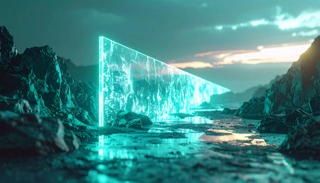In a remote, alien canyon, a mysterious glowing monolith hums with untold energy, its digital interface reflecting in the calm river below. This surreal landscape blends raw nature with advanced technology, suggesting a gateway to another dimension or a repository of powerful knowledge.の素材