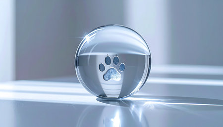 A crystal-clear sphere rests on a sleek, reflective surface, encapsulating a glowing paw print. This image symbolizes the future of veterinary science, pet data storage, and the digital preservation of an animals identity, blending technology with compassionate care.の素材