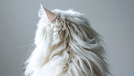 A beautiful, long-haired silver Maine Coon cat sits in quiet contemplation, its back to the camera. The soft, clean fur and elegant posture create a serene and mysterious portrait, inviting the viewer to wonder what has captured its attention.の素材