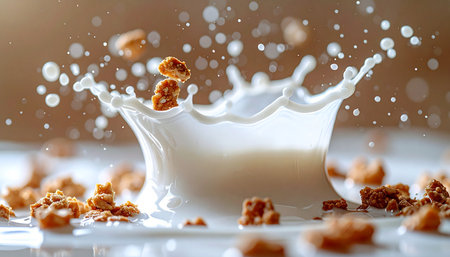 A dynamic, high-speed shot captures the moment crispy granola clusters plunge into a bowl of fresh milk, creating an energetic crown-shaped splash. This appetizing scene evokes the feeling of a fresh, healthy, and delicious start to the day.の素材