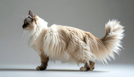 A majestic Ragdoll cat stands in a graceful profile against a minimalist grey background. Its luxurious long fur and magnificent fluffy tail are perfectly displayed, showcasing the serene beauty and poised elegance of this beloved purebred feline.の素材