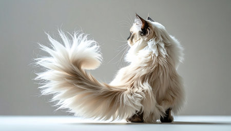 A picture of pure elegance and grace, this long-haired cat sits in quiet contemplation. Its magnificent, plume-like tail is a testament to its luxurious coat, catching the soft light in a display of serene beauty against a minimalist background.の素材