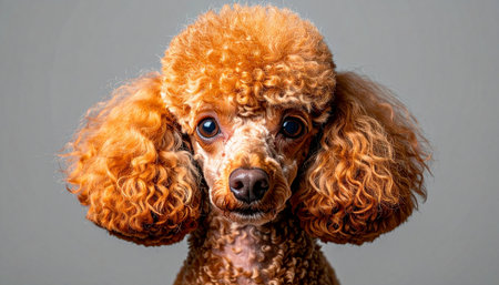 A beautifully groomed brown poodle poses for a classic studio portrait against a solid gray background. With an intelligent and gentle gaze, this elegant canine companion embodies sophistication and charm, perfect for concepts of pet care, luxury, and loyal friendship.の素材