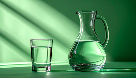 A glass and pitcher of pure, clear water sit on a table, bathed in the serene green light of early morning. Diagonal shadows from a window create a tranquil, artistic pattern, inviting a moment of calm refreshment and quiet contemplation to start the day.の素材