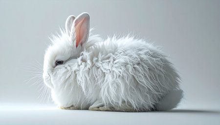 A soft, fluffy white rabbit rests peacefully in a quiet studio setting. Its gentle demeanor and pure white fur evoke a sense of calm, innocence, and serenity, making it a perfect symbol for gentleness and comfort.の素材