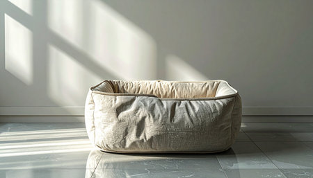 An empty, cozy pet bed sits on a polished floor, bathed in the warm glow of morning sunlight streaming through a window. The soft shadows create a peaceful and serene atmosphere, suggesting a quiet moment of anticipation, a perfect spot waiting for a beloved dog or cat to curl up for a nap.の素材