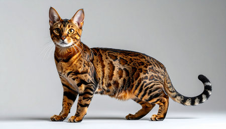 A stunning Bengal cat stands proudly in a studio setting, its sleek, muscular body captured in profile. The intricate rosette markings on its golden-brown coat hint at its wild leopard cat ancestry, while its poised and elegant demeanor showcases the beauty of a purebred domestic companion. Isolated on a neutral gray background, every detail of this magnificent feline is highlighted.の素材