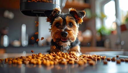With wide, joyful eyes, an adorable Yorkshire Terrier watches as its automatic feeder dispenses a cascade of delicious kibble. This happy moment captures the pure excitement and anticipation of mealtime, highlighting the convenience of modern pet care technology in a loving home.の素材