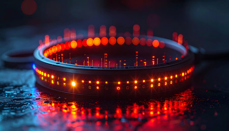 A futuristic smart ring pulses with vibrant red and orange light, processing vast amounts of digital data. Its glowing energy reflects on a dark, wet surface, symbolizing the constant flow of information and the power of next-generation technology in a connected world.の素材