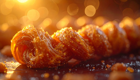 In the warm glow of a festive evening, a traditional golden pastry glistens with sweet syrup. This detailed macro shot captures the crispy, intricate texture, inviting a moment of pure indulgence and cultural celebration.の素材