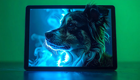 A stunning portrait of a dog seems to break the boundaries of reality, emerging from a digital tablet screen in a swirl of glowing blue energy. This image captures the cutting edge of technology, illustrating concepts like virtual reality, augmented reality, and the future of digital companionship.の素材