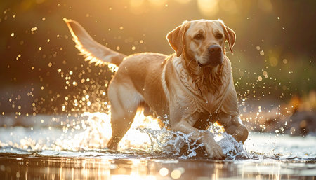 A joyful yellow Labrador Retriever relishes the last moments of daylight, splashing playfully in the calm, shallow water of a lake. The warm, golden light of the setting sun illuminates every droplet, capturing a perfect moment of pure happiness and carefree summer fun.の素材