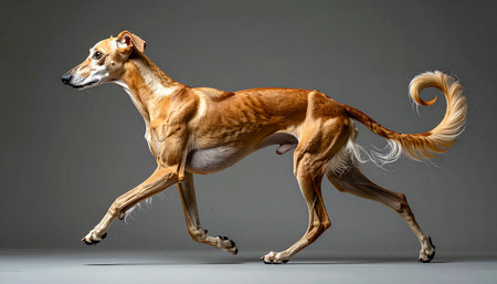 Captured in a moment of pure elegance, a sleek Saluki sighthound glides across a neutral studio background. Its athletic form and poised trot showcase the breeds ancient grace and incredible speed, a picture of refined canine beauty and vitality.の素材