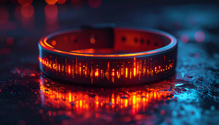 A futuristic smart ring glows with a fiery orange data waveform, resting on a wet, reflective surface that mirrors the neon city lights. This advanced wearable technology captures the pulse of a cyberpunk world, symbolizing innovation, data visualization, and the future of connectivity.の素材
