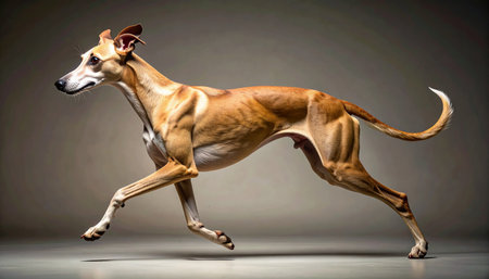 A picture of refined athleticism, this elegant sighthound moves with purpose and grace. Captured in a classic studio profile, every muscle is defined, showcasing the breeds incredible speed and power in a moment of controlled, effortless motion. This image embodies elegance, agility, and timeless beauty.の素材