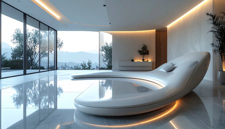 In a pinnacle of modern architecture, a futuristic chaise lounge with integrated lighting offers a serene sanctuary. The polished floors reflect the tranquil landscape seen through expansive glass walls, creating a seamless blend of high-tech luxury and natural beauty. This is a space designed for quiet contemplation and ultimate relaxation.の素材