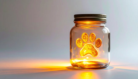 A single glass jar holds a precious memory, illuminated from within by a glowing golden paw print. The warm light symbolizes the enduring love and cherished moments shared with a beloved pet, offering a sense of comfort, remembrance, and magic.の素材