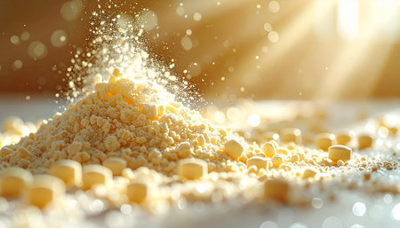 A macro photograph captures the texture and warmth of corn flour. A gentle cascade of powder falls onto a mound, with whole kernels nearby, all bathed in a radiant, golden glow that evokes feelings of homeliness, tradition, and natural goodness.の素材