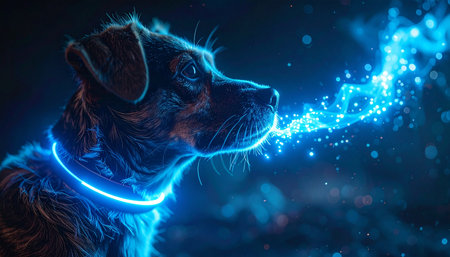In a realm where technology and magic intertwine, a loyal canine companion exhales a stream of luminous blue particles, a visible manifestation of its pure spirit and otherworldly energy. A concept of future pets, virtual reality, and soulful connection.の素材