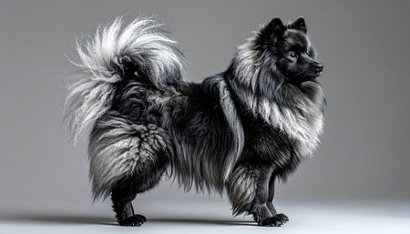 A stunning Keeshond stands in a perfect profile pose against a neutral studio background. Its luxurious silver and black coat is impeccably groomed, and its plumed tail curls gracefully over its back, showcasing the breeds majestic and dignified presence. This portrait captures a moment of quiet confidence and noble elegance.の素材