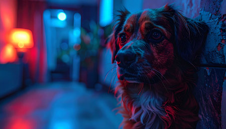A loyal dog stands guard in a dimly lit hallway, its silhouette illuminated by the cool blue and warm red glow of neon lights. The cinematic atmosphere creates a sense of mystery and quiet companionship, perfect for themes of loyalty, security, and modern urban living.の素材
