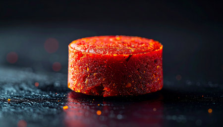 A meticulously crafted cylinder of vibrant red spice paste sits as the star of the show on a dark, textured surface. Its intense color and granular texture promise a burst of concentrated flavor, a key ingredient for a gourmet culinary creation.の素材