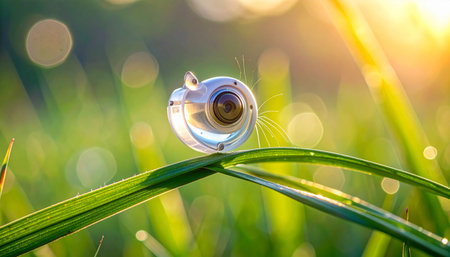 In the quiet glow of a new day, a tiny, almost invisible snail rests on a dew-kissed blade of grass. Its translucent shell catches the morning sun, creating a magical, miniature world filled with wonder and the promise of a fresh start.の素材