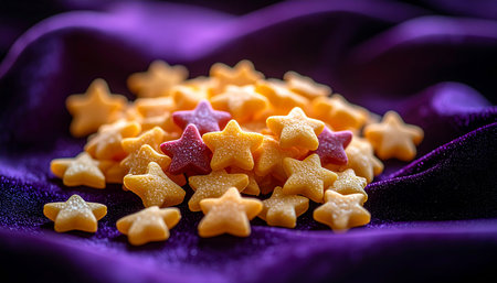A small pile of golden and purple star-shaped candies rests upon a luxurious, deep purple silk fabric. The scene evokes a sense of magic, celebration, and sweet dreams, like a handful of fallen stars from a velvet night sky.の素材