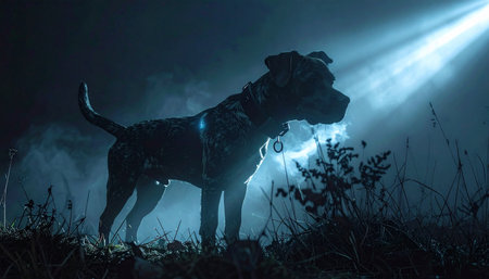 A loyal dog stands guard in the misty night, its silhouette sharply defined by an unexplained, powerful beam of light. The scene is filled with suspense and mystery, evoking feelings of science fiction, investigation, or a supernatural encounter.の素材