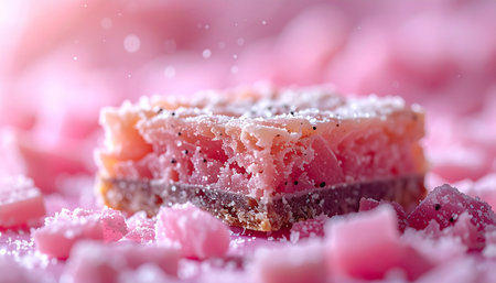 A single, enchanting pink dessert bar sits amidst a magical landscape of sparkling sugar crystals. Bathed in a soft, dreamy light, this sweet treat invites a moment of pure indulgence and whimsical delight, perfect for a special celebration.の素材