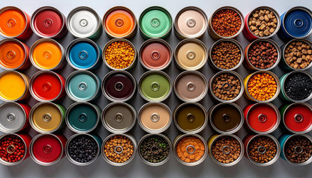 A vibrant palette of global flavors is neatly arranged, showcasing a diverse collection of aromatic spices and herbs. This overhead view captures the essence of culinary exploration, from fiery powders to earthy seeds, ready to inspire the next delicious creation.の素材