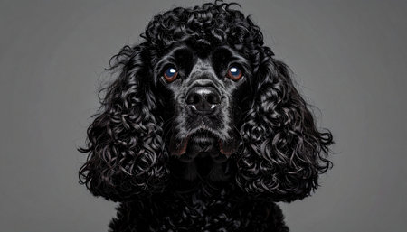 A stunning black and white studio portrait captures the regal essence of a black poodle. With an intense and intelligent gaze, its curly coat is beautifully textured by the dramatic lighting, creating an image of pure elegance, sophistication, and quiet dignity against a simple gray backdrop.の素材