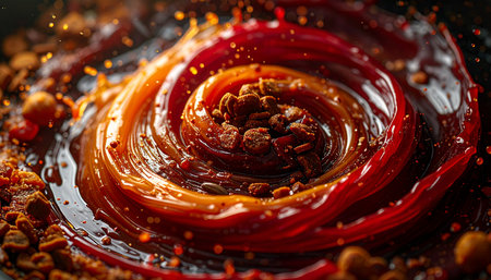 A dynamic, high-speed capture of a rich, glossy sauce swirling into a perfect spiral. Droplets and spices are frozen in mid-air, creating a visually stunning explosion of flavor and texture. This abstract culinary art piece evokes a sense of gourmet creation and delicious indulgence.の素材