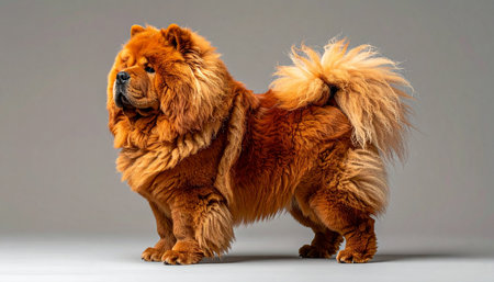 A portrait of pure elegance, this majestic red Chow Chow stands proudly in a studio setting. Its thick, lion-like mane and fluffy coat are perfectly groomed, showcasing the breeds noble and dignified character against a clean, neutral background.の素材