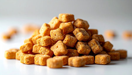 A tempting pile of small, golden cheese crackers sits in a mound against a clean, bright background. This close-up shot highlights the savory, crunchy texture of the classic baked snack, perfect for concepts of snacking, parties, and simple comfort food.の素材