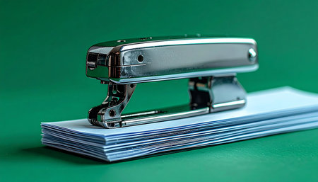 A sleek, metallic stapler rests atop a neat stack of documents, a symbol of organization and finality in a busy office environment. Set against a bold green background, this essential tool is ready to bind ideas and complete tasks, representing productivity and administrative efficiency.の素材