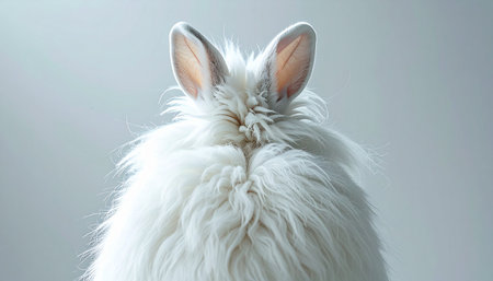 A soft, fluffy white Angora rabbit sits with its back to the camera, its long ears alert. The minimalist composition on a soft blue background highlights its incredible texture and creates a sense of gentle shyness and mystery.の素材