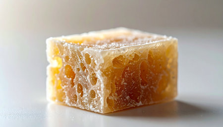 A perfect cube of golden honeycomb sits in the soft morning light, its intricate hexagonal cells glistening with pure, raw honey. This macro shot captures the beautiful geometry of nature and the essence of wholesome, organic sweetness.の素材