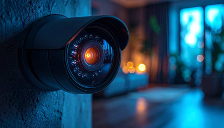 In the quiet of the night, a high-tech security camera with a glowing infrared lens keeps a vigilant watch over a modern home. The cool blue light signifies advanced technology at work, providing safety, protection, and peace of mind against any unseen threats in the darkness.の素材