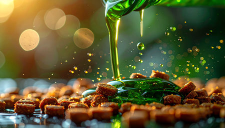 A stream of rich, golden nutritional oil is poured from a green bottle, enriching a bowl of dry kibble. The warm, glowing background suggests a natural, wholesome approach to pet wellness and a commitment to providing the best care.の素材