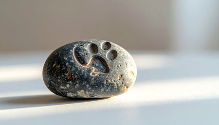 A smooth, dark stone rests on a bright surface, bathed in gentle morning light. A deeply carved paw print serves as a lasting tribute and a touching memorial to a beloved furry friend, symbolizing an unbreakable bond and cherished memories.の素材