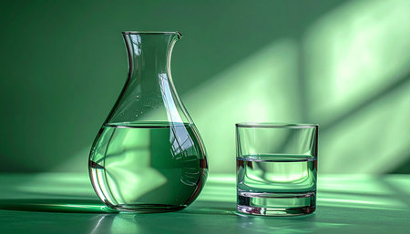In a quiet moment, a glass carafe and tumbler of pure, clear water rest against a serene green backdrop. Sunlight streams in, casting elegant shadows and illuminating the simple beauty of hydration and wellness. This minimalist composition evokes a sense of calm, purity, and mindful living.の素材