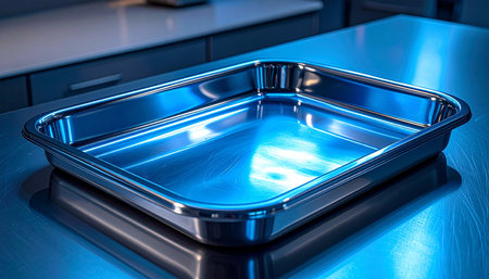 An empty, gleaming stainless steel tray sits on a cool metal countertop, reflecting the blue light of a professional setting. It waits in pristine readiness, a symbol of preparation and precision before the start of a culinary, medical, or scientific process.の素材