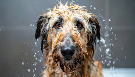A close-up portrait captures the moment a scruffy, wet dog with a resigned expression shakes vigorously, sending water droplets flying everywhere during bath time.の素材