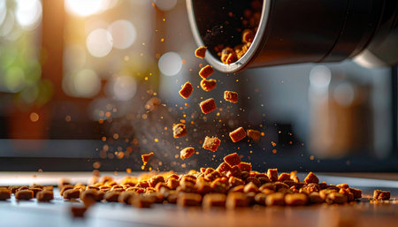 In the gentle morning light, a scoop of nutritious dry kibble tumbles onto the table, a daily ritual of care and love. This dynamic shot captures the moment of feeding, symbolizing health, wellness, and the special bond shared with a beloved pet.の素材