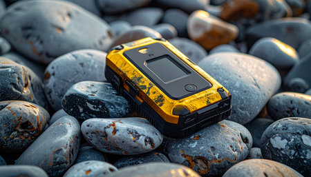 A rugged, yellow smartphone rests on a bed of smooth, wet stones, a testament to modern technologys resilience against the elements. This device is a reliable lifeline for any adventurer exploring remote and rugged landscapes.の素材