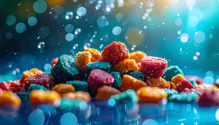 A miniature mountain of sparkling candy pebbles emerges from a magical, shimmering pool. Each colorful, sugar-coated gem glows under an ethereal light, creating a dreamlike scene of sweet indulgence and whimsical fantasy.の素材